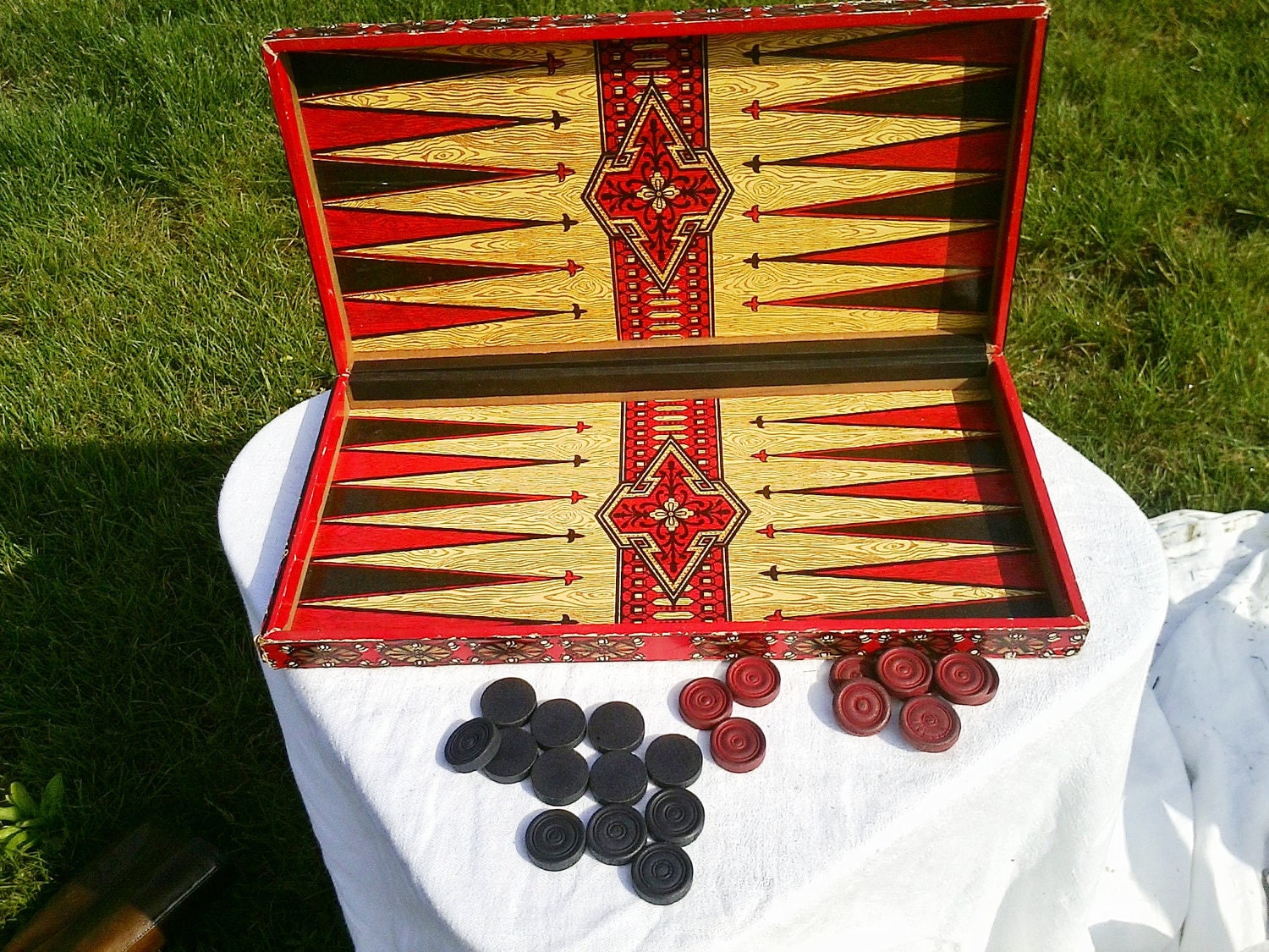 Antique 1940's checkers and backgammon game set with primitive wooden pieces