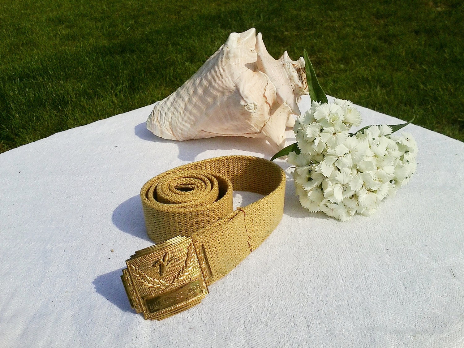 Mid-century camel colored woven cloth men's belt with bright "ag" brass buckle-Retro Father's Day gift