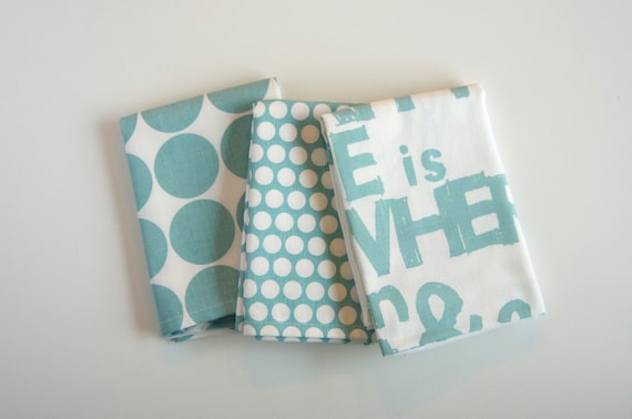 Set of Three Tea Towels, Hand Printed Dot, Bitty Dot and Happy Place in Sky