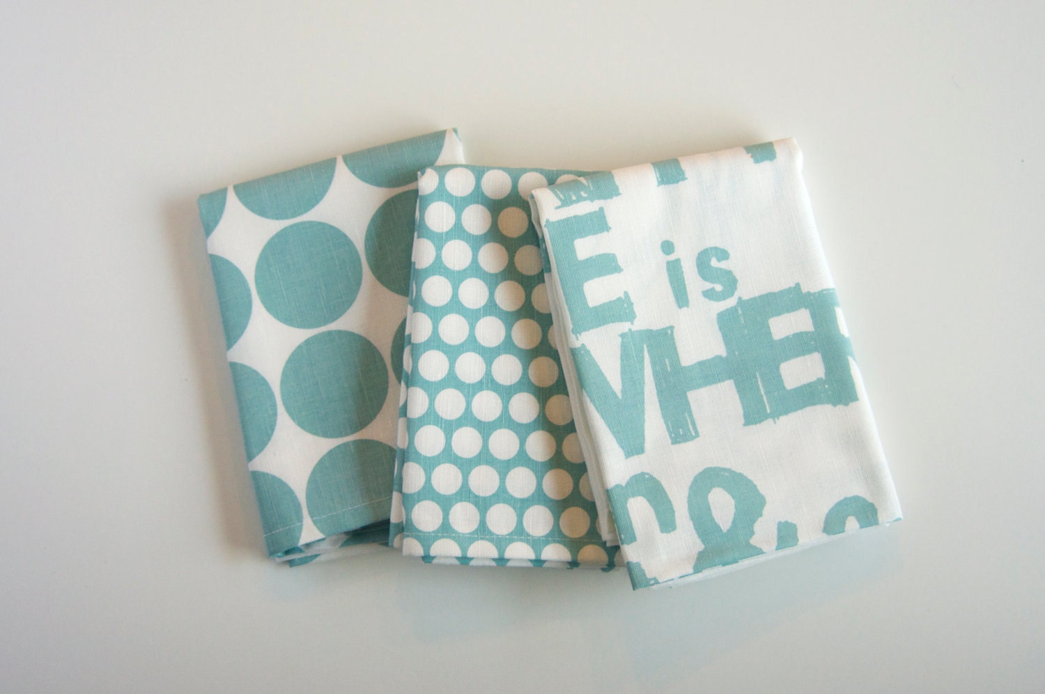 Set of Three Tea Towels, Hand Printed Dot, Bitty Dot and Happy Place in Sky