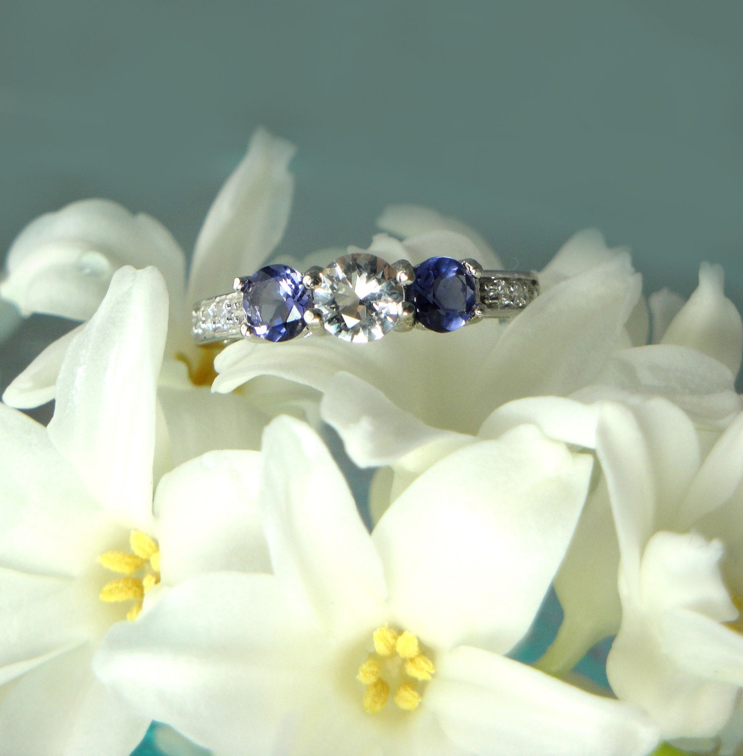 Elegant Herkimer Diamond and White Topaz and Iolite Sterling Silver Ring
