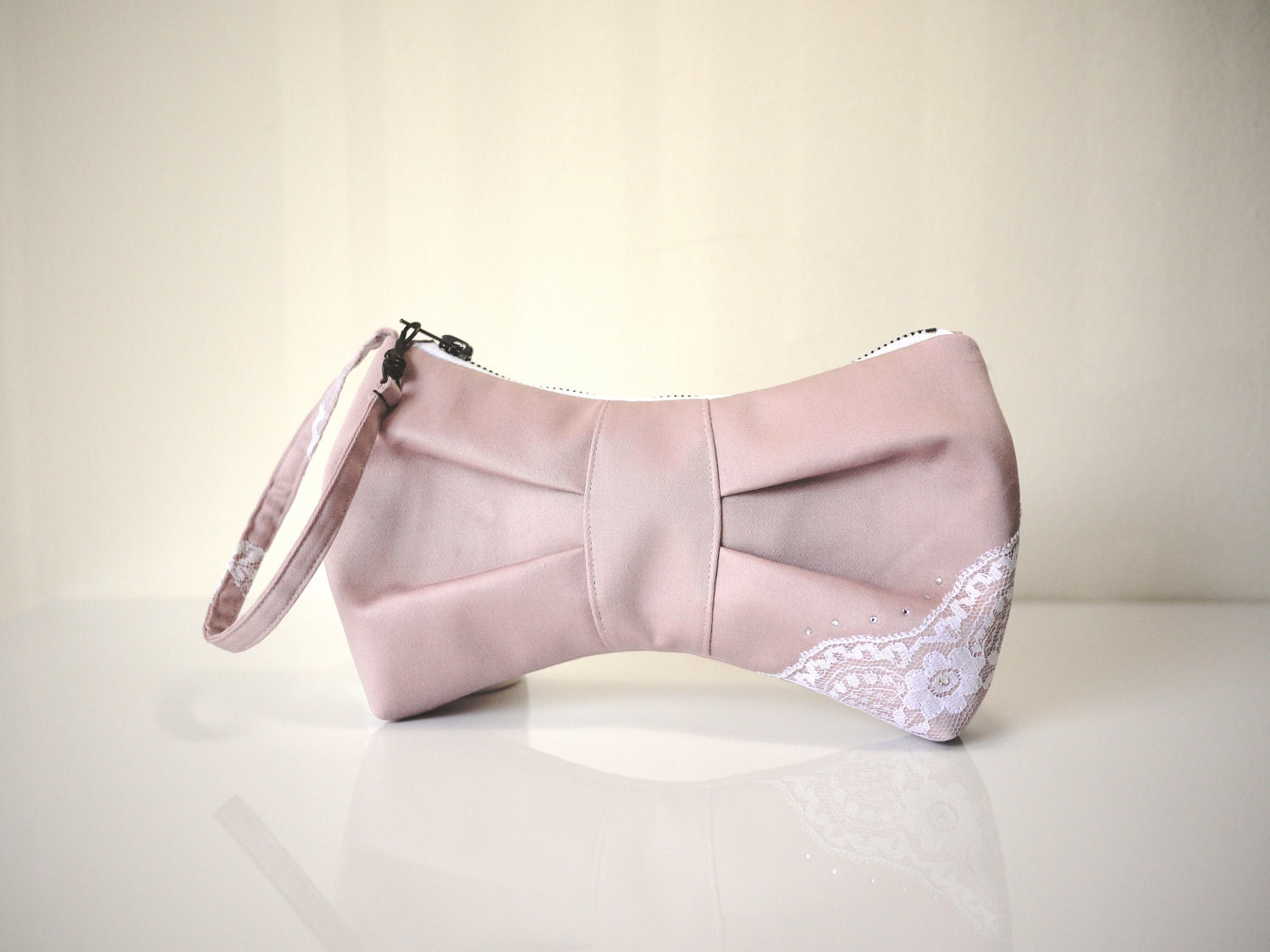 3D Bow Wristlet in Pink- White Lace and Swarovski Crystals Bride Clutch Wedding Bag/ Gift for Her