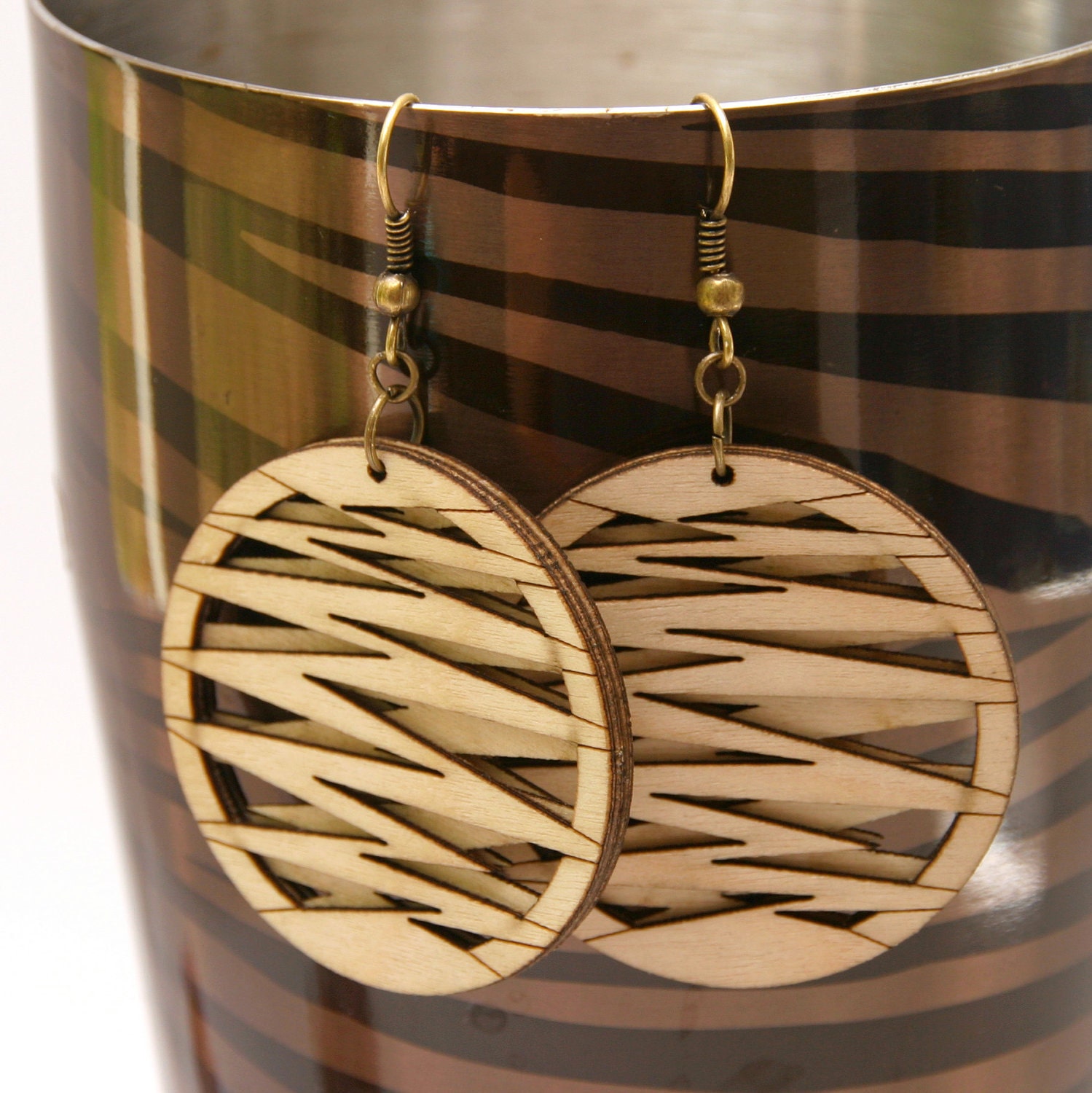 Zig Zag Lightning Bolt Natural Wood Pendant Earrings (0006)