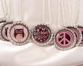 PARTY FAVOR Owl Peace Sign Bottlecap Birthday NECKLACE with individual organza bags and silver ball chain