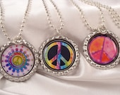 PARTY FAVOR Bottlecap or Bottle Cap Peace Sign Tie Dye NECKLACE with Individual Organza bags and silver ball chain