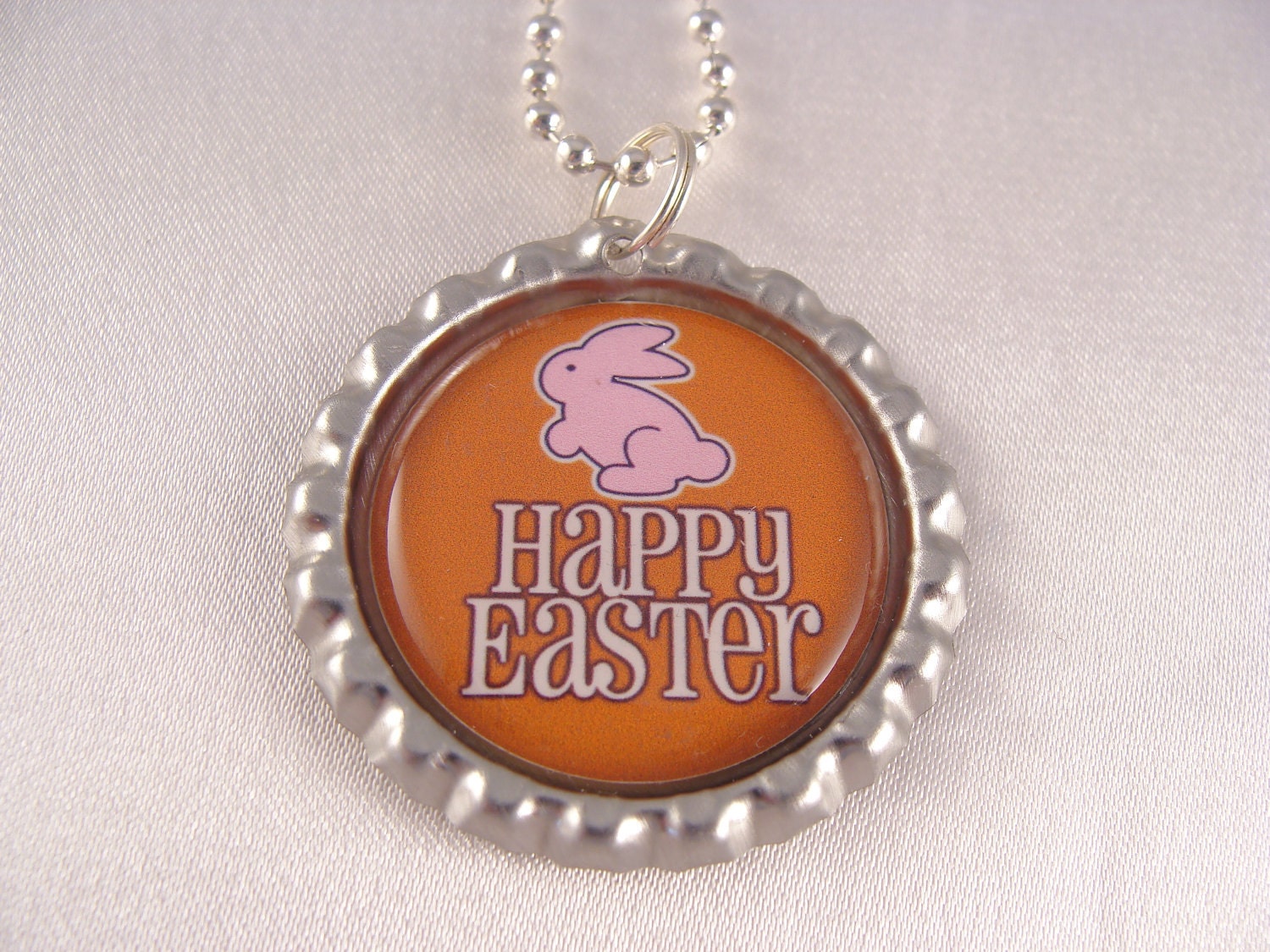 Easter Chocolate BUNNY BOTTLECAP Bottle Cap NECKLACE  Party Favor with Individual Organza Bags and Silver Ball Chain