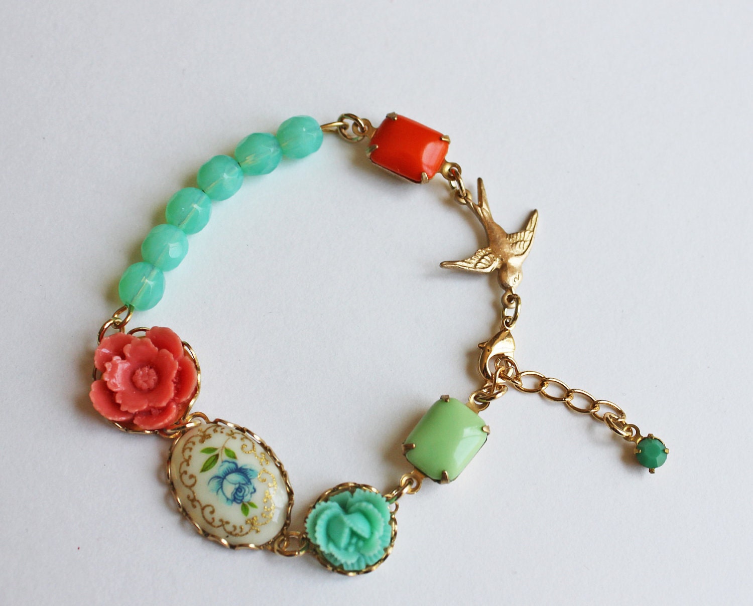 RESERVE for RACHEL. Coral and Seafoam Flower Bracelet. Vintage. Bridesmaids. Romance. Wedding. Summer.Floral Jewelry. Bohemian. Fashion.