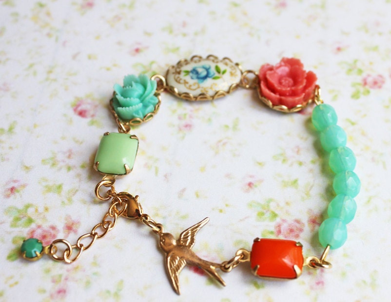 RESERVE for RACHEL. Coral and Seafoam Flower Bracelet. Vintage. Bridesmaids. Romance. Wedding. Summer.Floral Jewelry. Bohemian. Fashion.