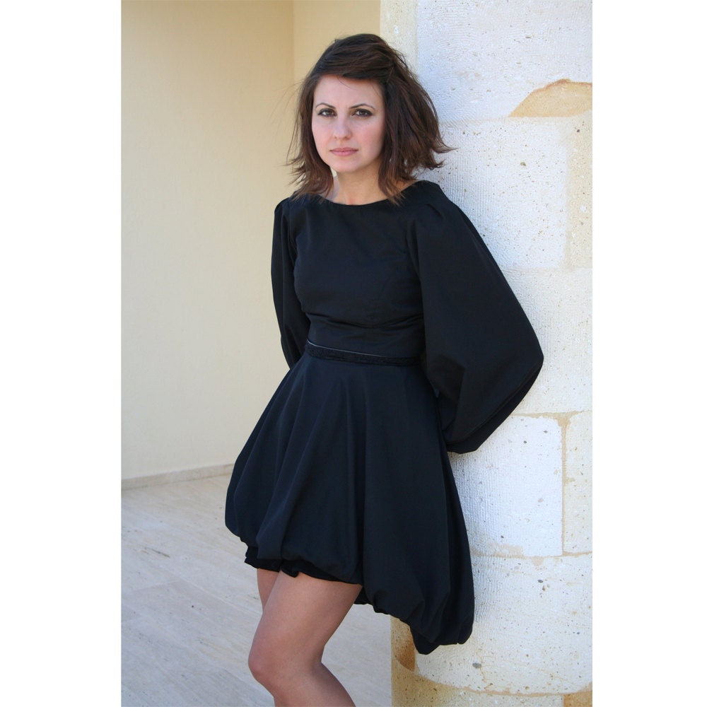 REDUCED PRICE Black cotton dress with bishop sleeves and kilt buckle detail