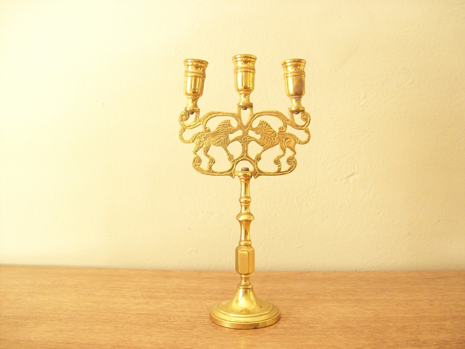 Antique Brass Lion Candelabra, Sabbath Candelabra, Vintage Judaica