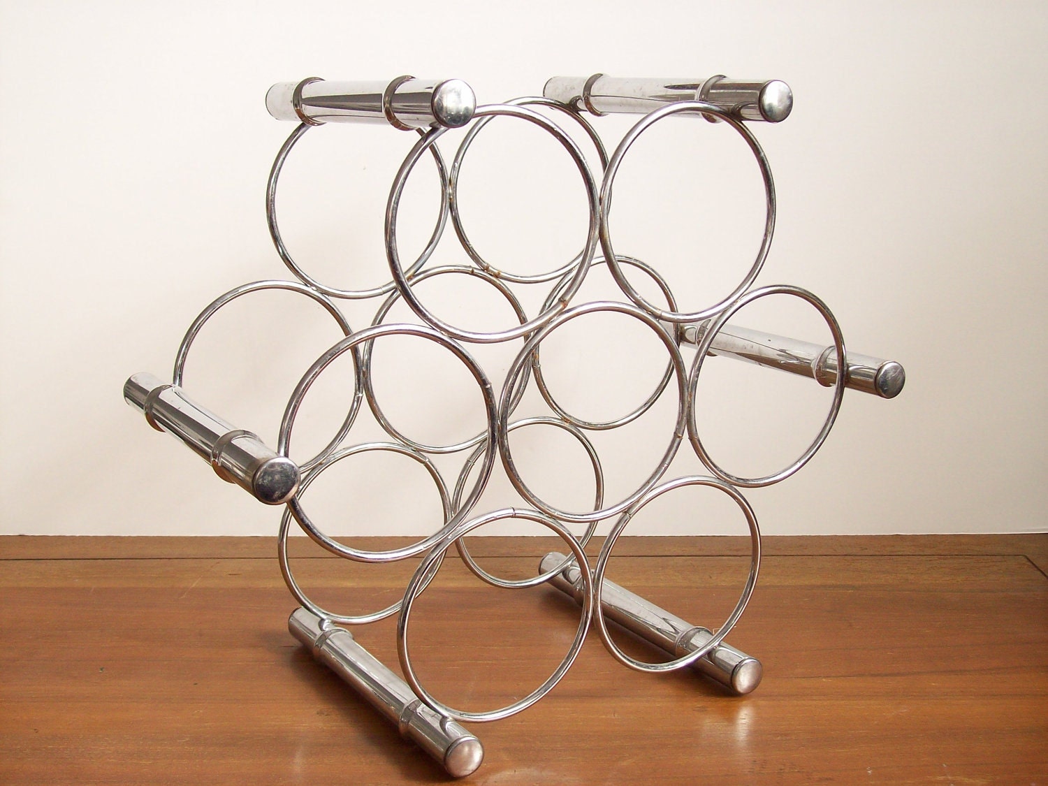 Faux Bamboo Wine Rack, Chrome, Hollywood Regency