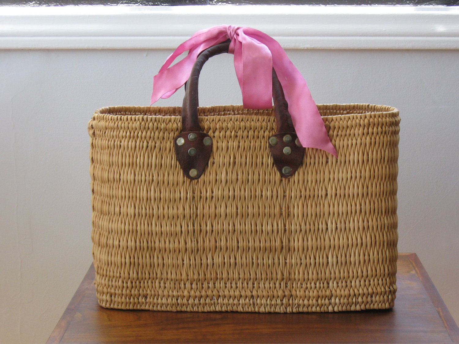 Vintage Hand Woven Straw Tote Bag with Leather Handles by ofts