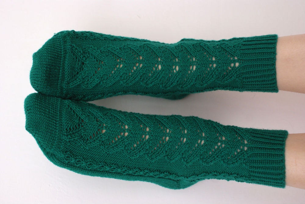 Hand knitted women's fishnet Socks  Needles merino wool green for her emerald