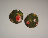 Cute Vintage Fabric Earrings - Olive Green and Pink Floral Print - 3/4"