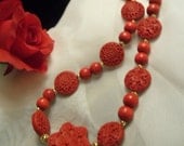 Sale- Red Cinnabar, Gold Plated & Wood Bead Necklace- Magnetic Clasp. Birthday Gift for Her. Red Women's Jewelry. Gift for Mom Mother