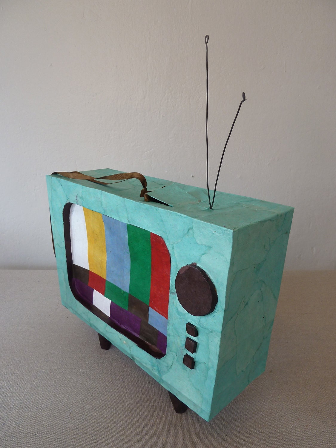 Vintage TV Piñata (teal with test screen, party size) - PRICE REDUCED