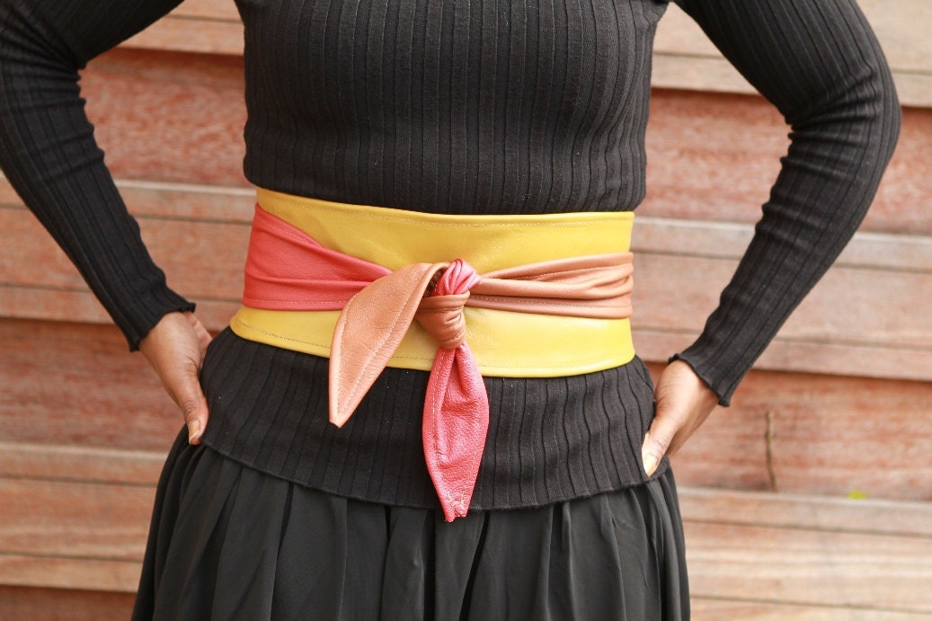 Patchwork leather belt / cincher: combination of earthy colours (mustard, red and caramel brown)