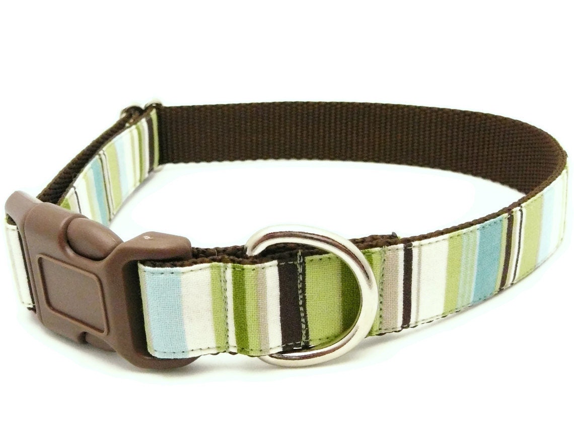 Cute Dog Collar in Soft Blue, Brown and Green Stripes - Country Club