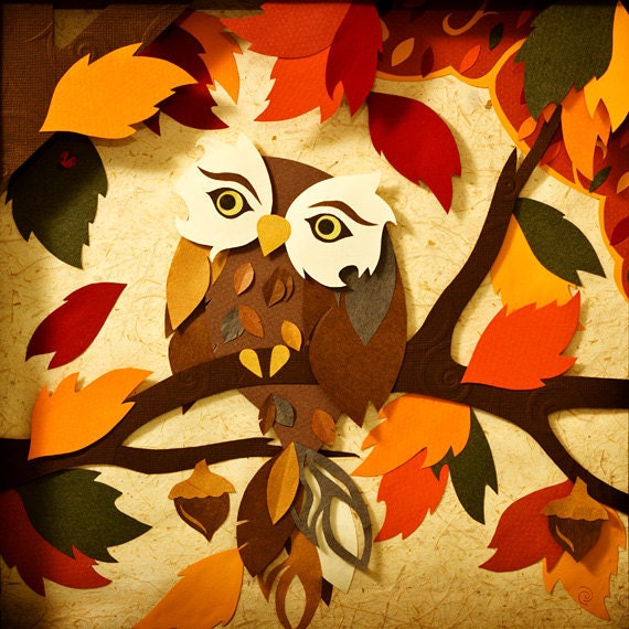 Hoots by Day, 8 x 8.  Print of a hand cut paper sculpture, inspired by autumn and owls. Cut from cardstock and paper collected in Japan.