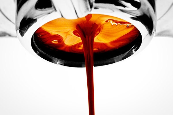 Espresso Crema Death Ray 7 x 5 Print.  Coffee bean extraction, caramel chocolate tones, espresso machine naked portafilter, cafe