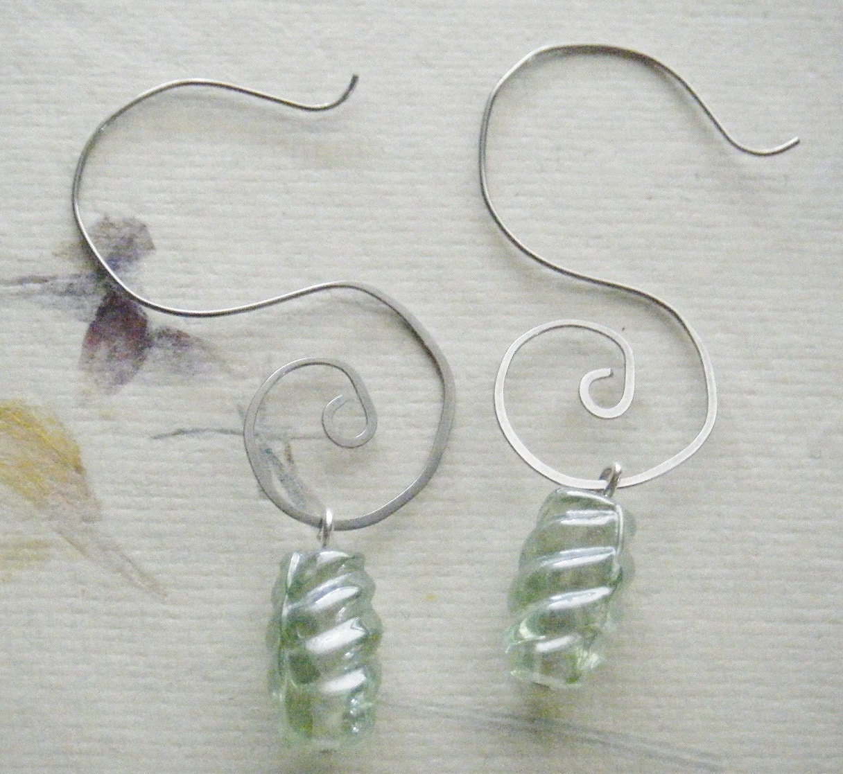 1960s Vintage Swirl Earrings in Sea Foam Green Glass