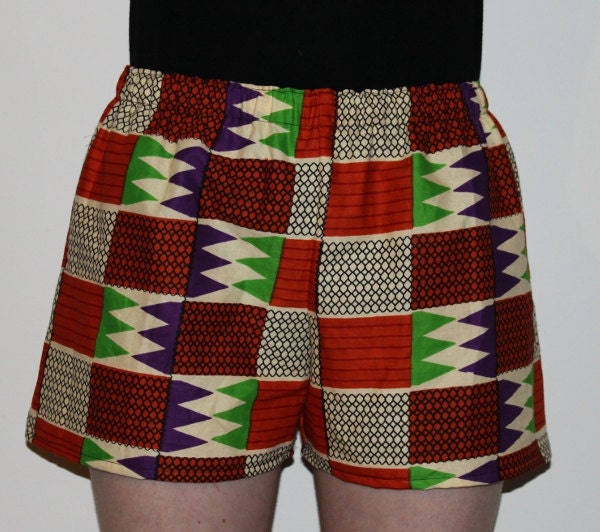 Party Shorts - Green Orange Purple African geometric print elastic waist summer shorts (Adult size Small)