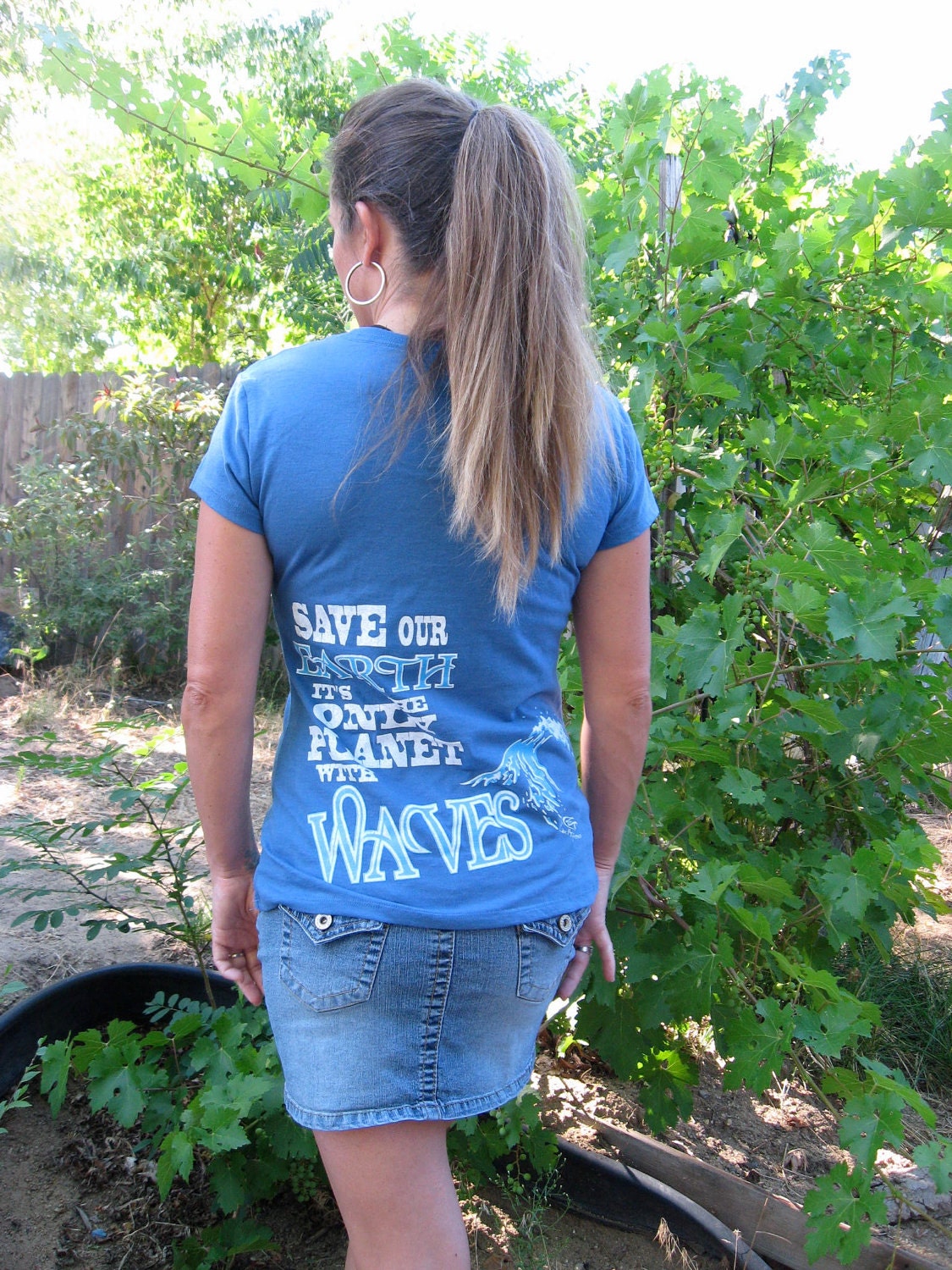 Save our Earth it's the only planet with WAVES  - Womens Organic Clothing Cotton Tee Shirt - Eco Friendly Clothing -  Womans  EXTRA SMALL