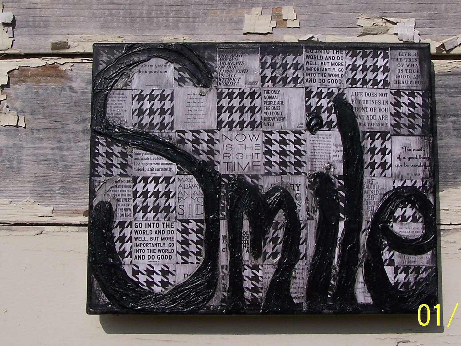 Handmade Black and White11x14 Mixed Media Canvas  "Smile'