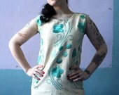 Vtg 60s Linen Embroidered Fringe Dress / Nude & Teal / Flower Child