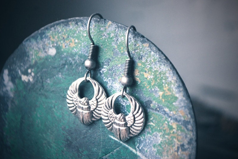 Egyptian Scarab Earrings Antiqued silver plate charms Art Deco style