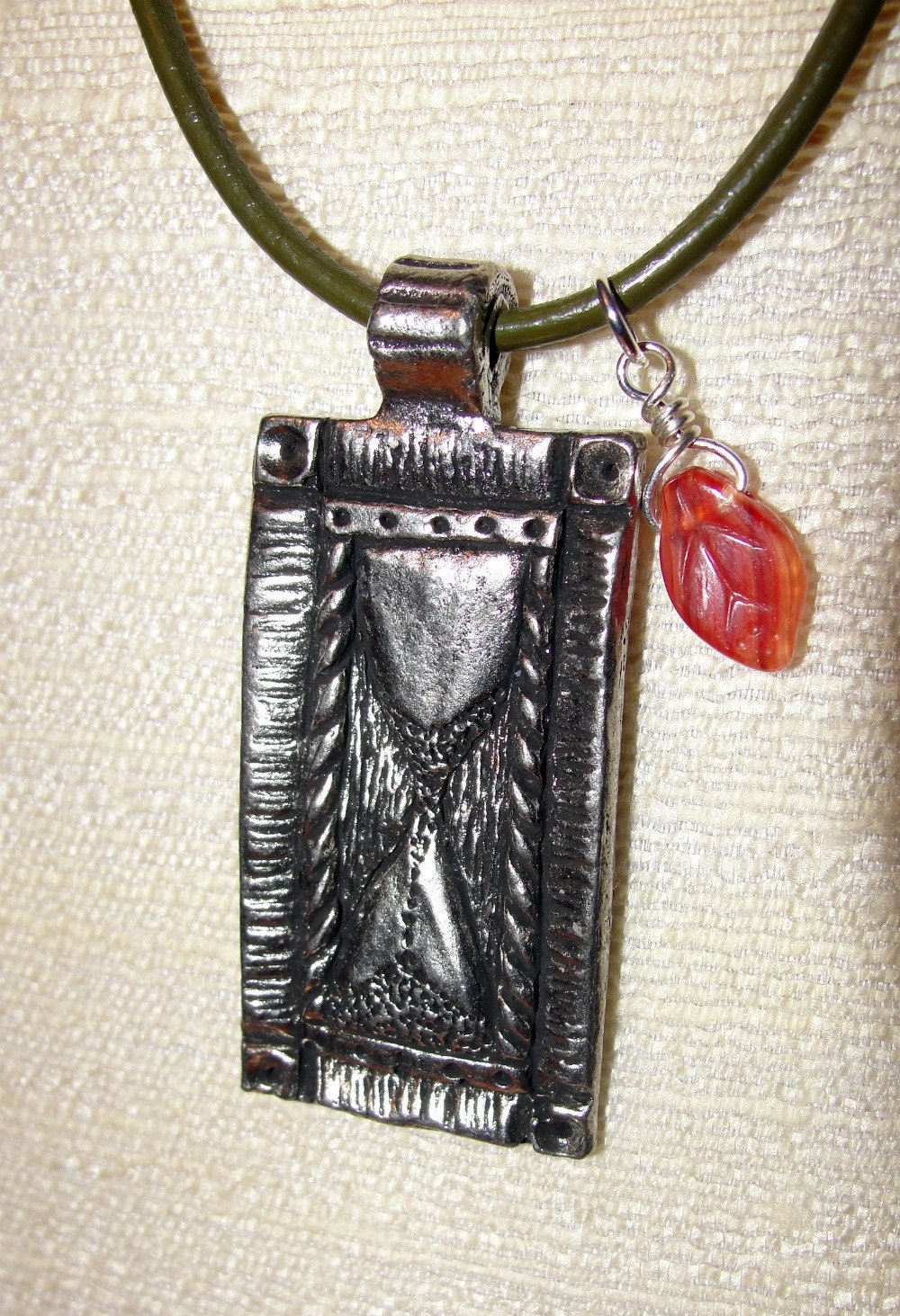 Hourglass Pewter Pendant on Green Leather Cord, One of a Kind