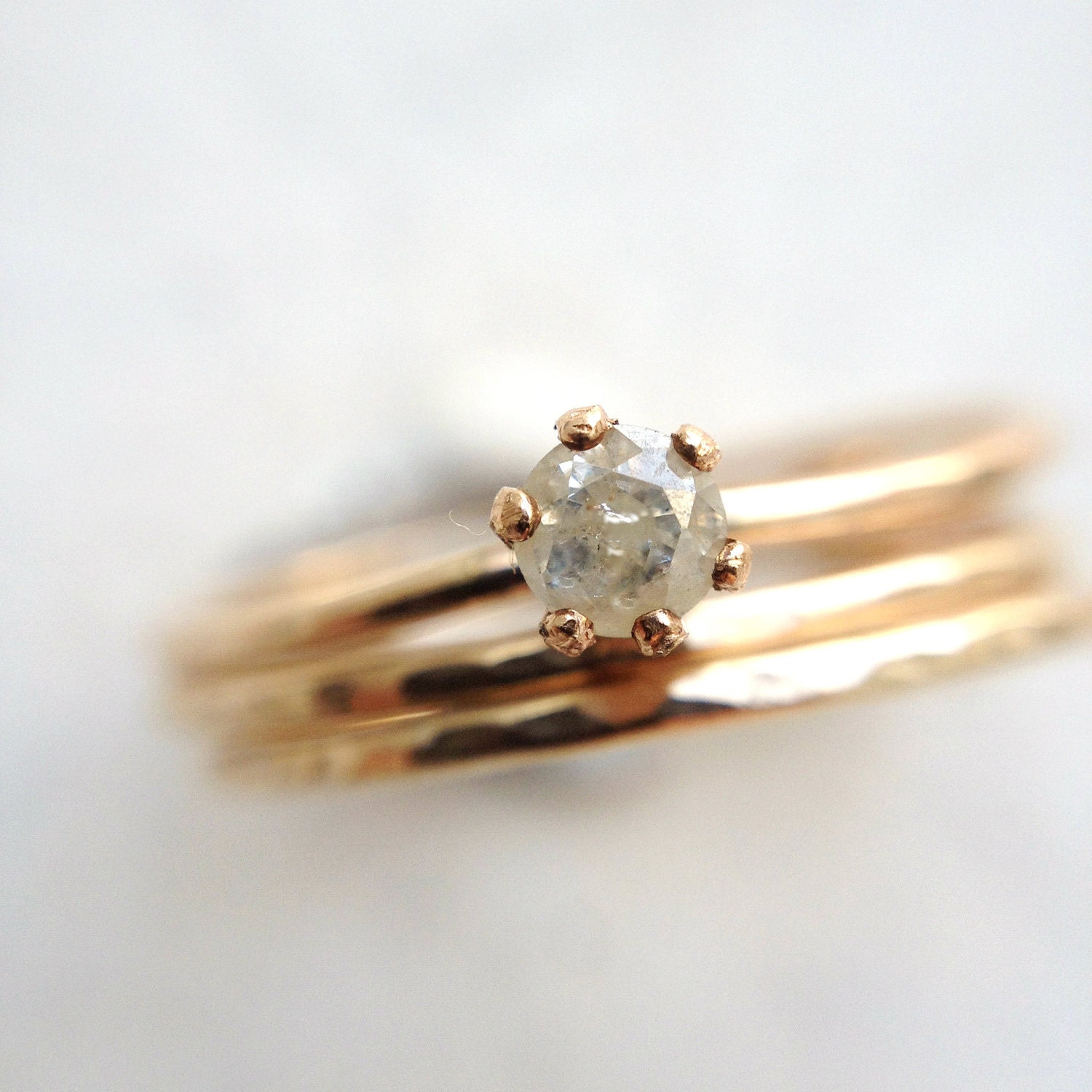 size 6 ONE DIAMOND RING minimalist  gold filled slim stacking ring with genuine natural white cream diamond engagment ring israel