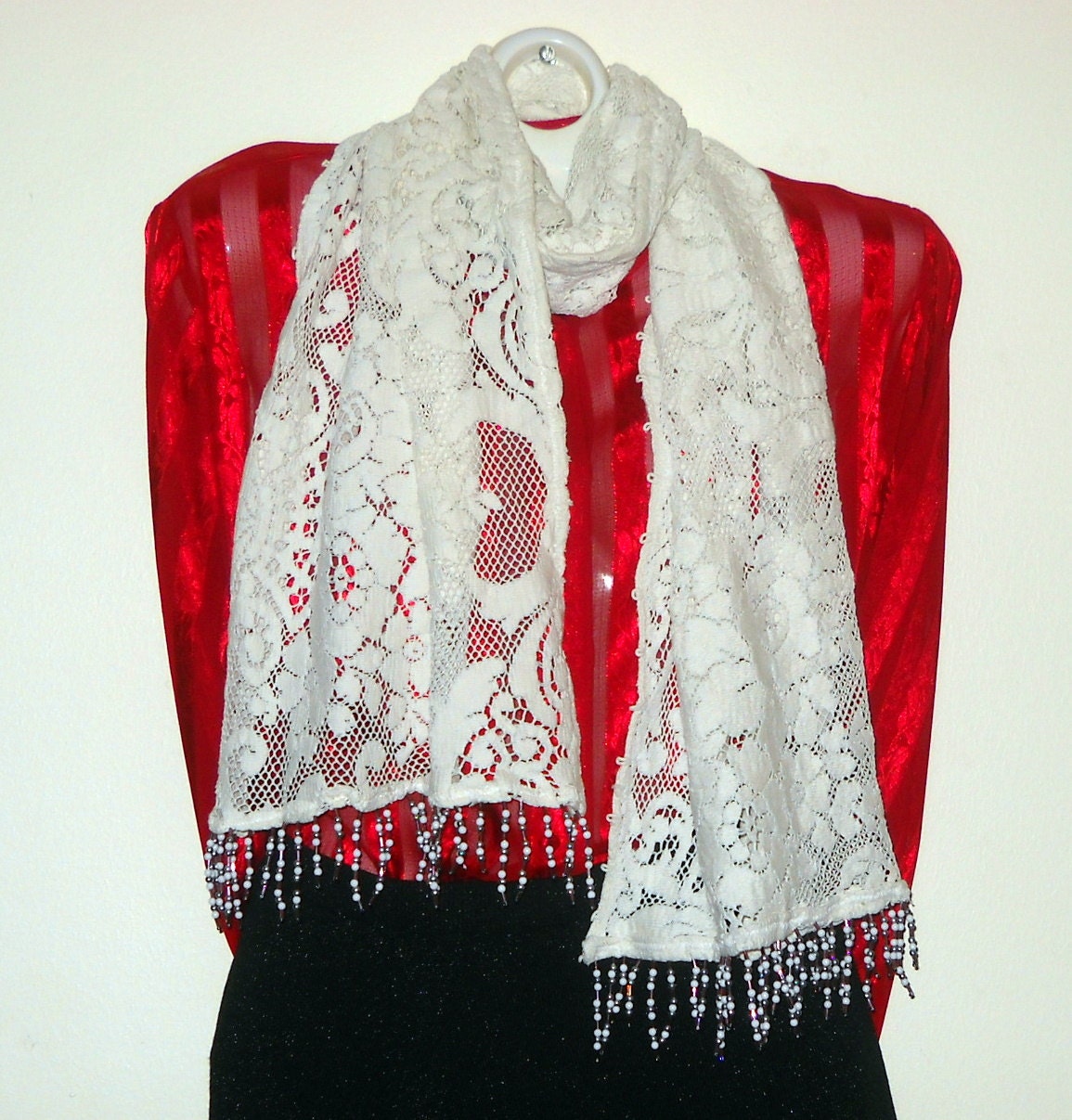 White Vintage Lace Scarf w/ Hand Beaded Fringe