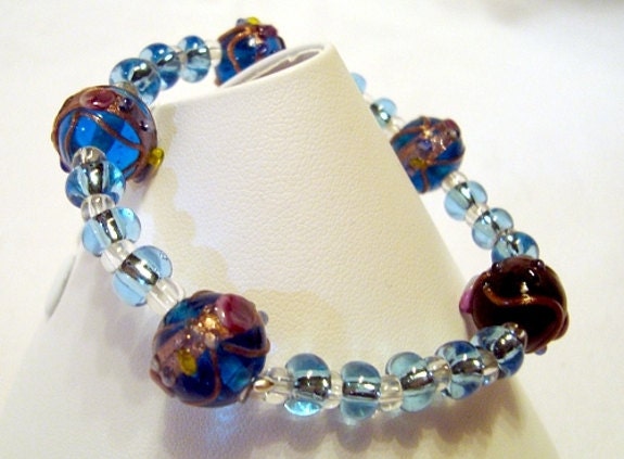 Beaded Bracelet Lampwork Blue Lampwork Bead Bracelet . B002