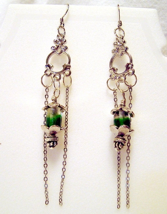 Dangle Earrings Green, Silvertone Fairy Lantern Dangle Earrings.