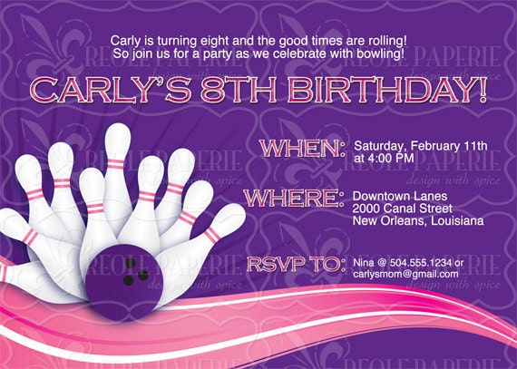 Bowling Birthday Party Invitation - Pink & Purple