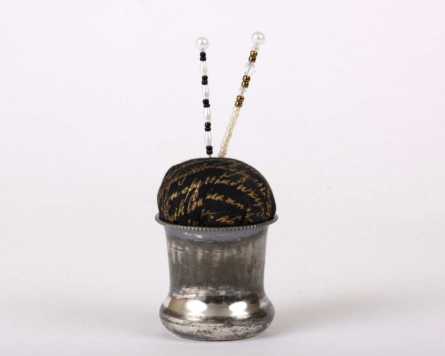 Pincushion, Calligraphy, Grunge, Vintage Silverplate, Upcycle, Swarovski Crystals, Pearls, Eclectic, Pin Cushion
