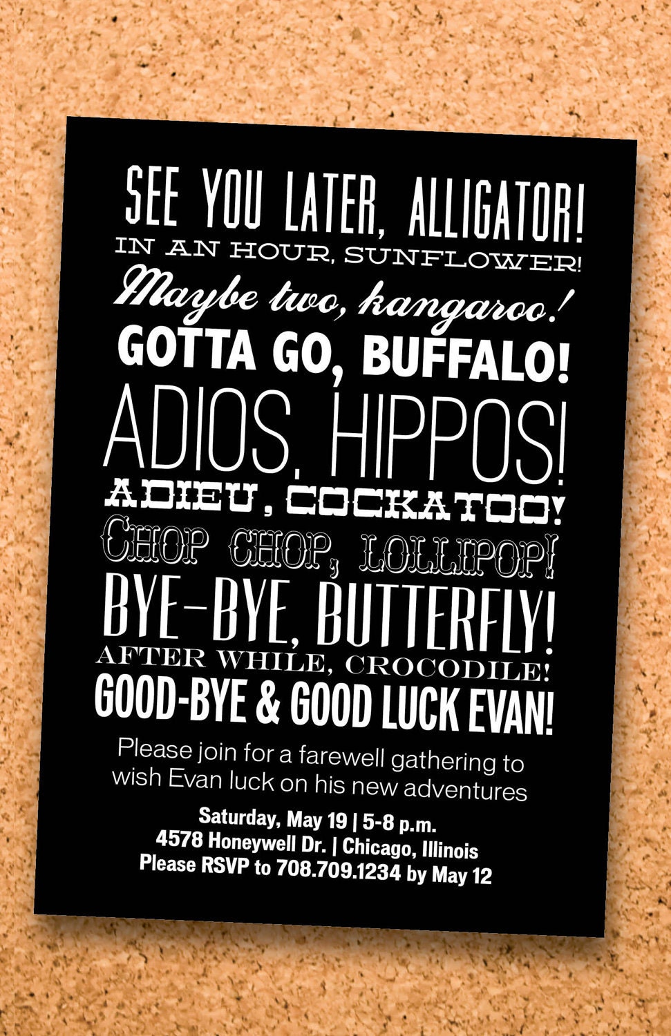 farewell party typography invitation custom printable-- digital file 5x7