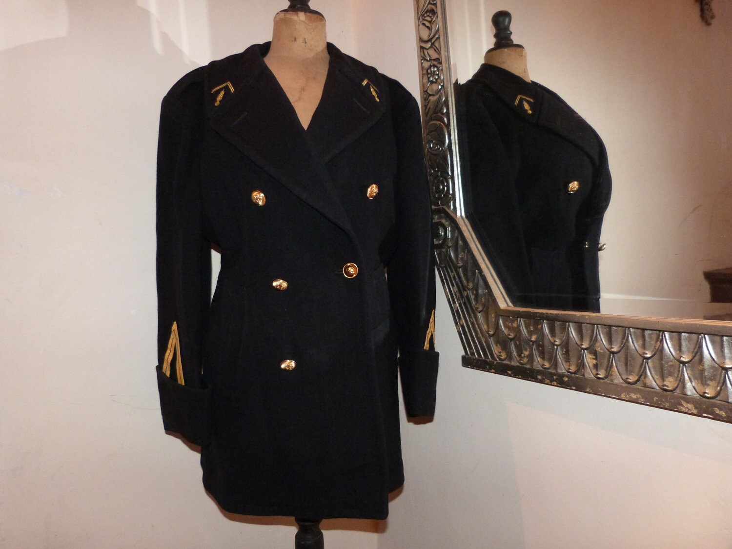 Vintage police costume French gendarme wool mens coat, RARE military jacket for dudes, blue wool winter coat w gold trim, buttons