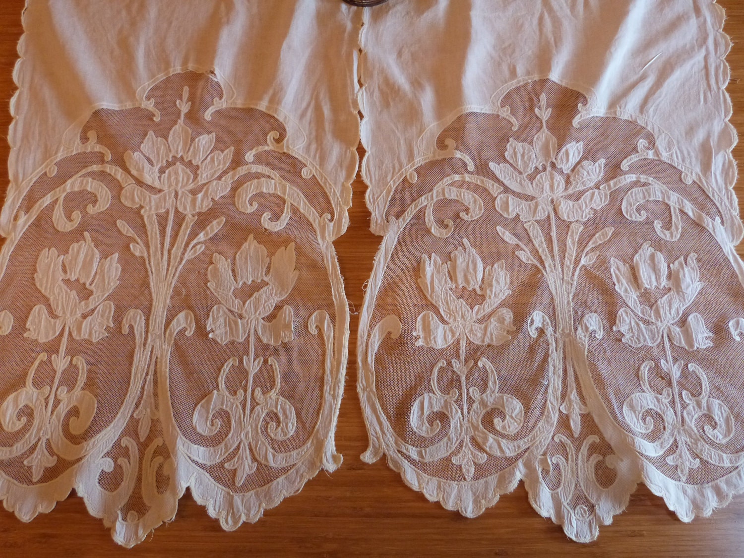 Art Nouveau curtains tambour lace window curtain drapes, long Antique French handmade floral lace, arts and crafts muslin panels