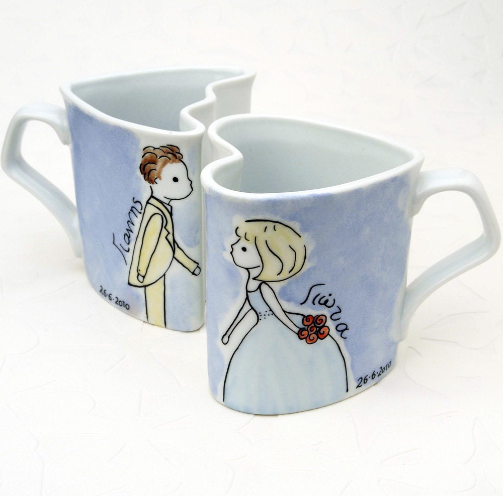 Bride and Groom pair of personalized hand painted porcelain cups - valentines day gift