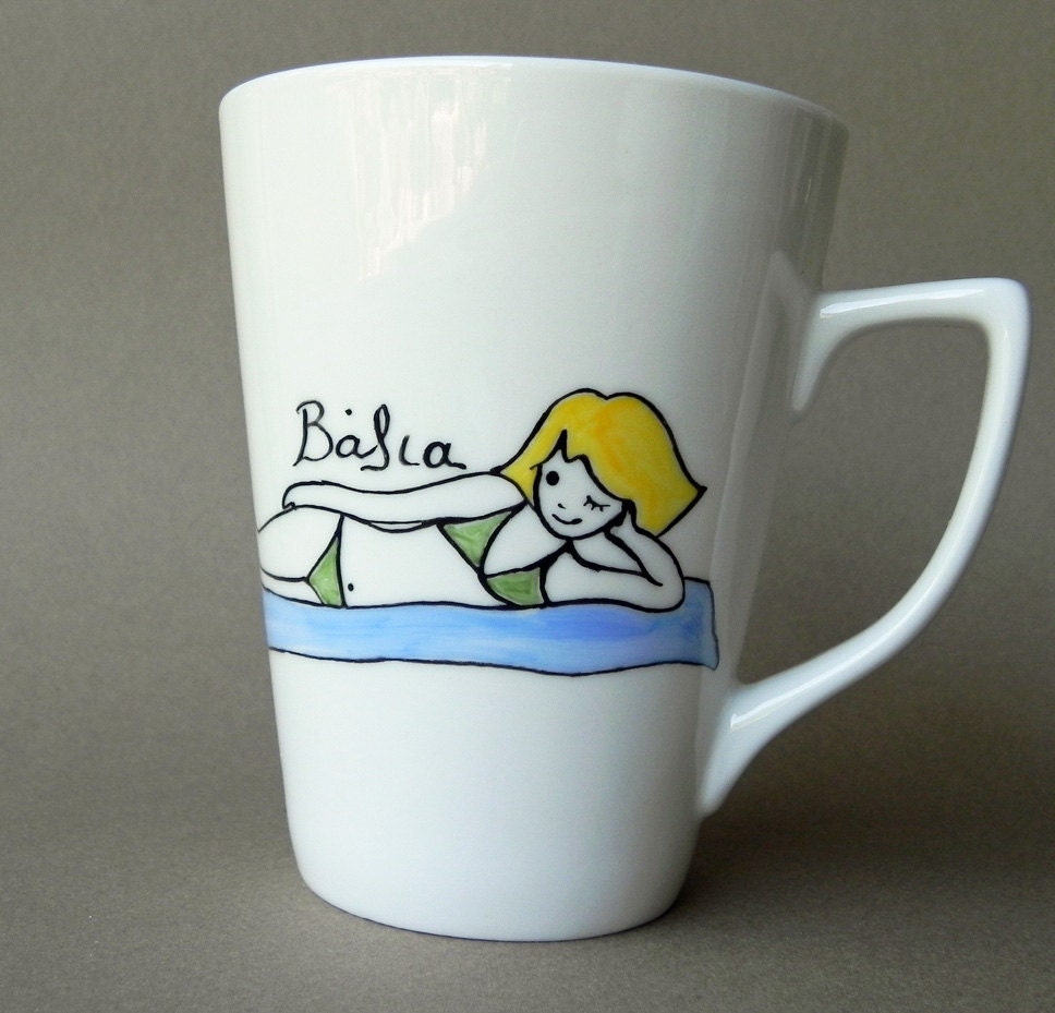 Hand painted custom made porcelain cup, young girl on the beach