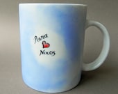 Custom hand painted porcelain cup with the names of a couple and a little heart  - valentine mug