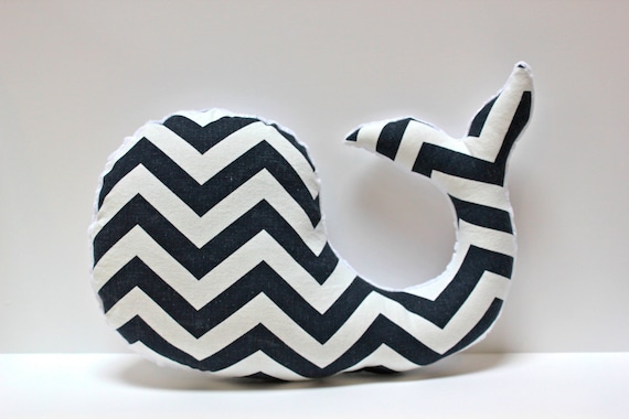 Modern baby Chevron WHALE pillow - nautical nursery decor navy white plushie - shower gift for new mom