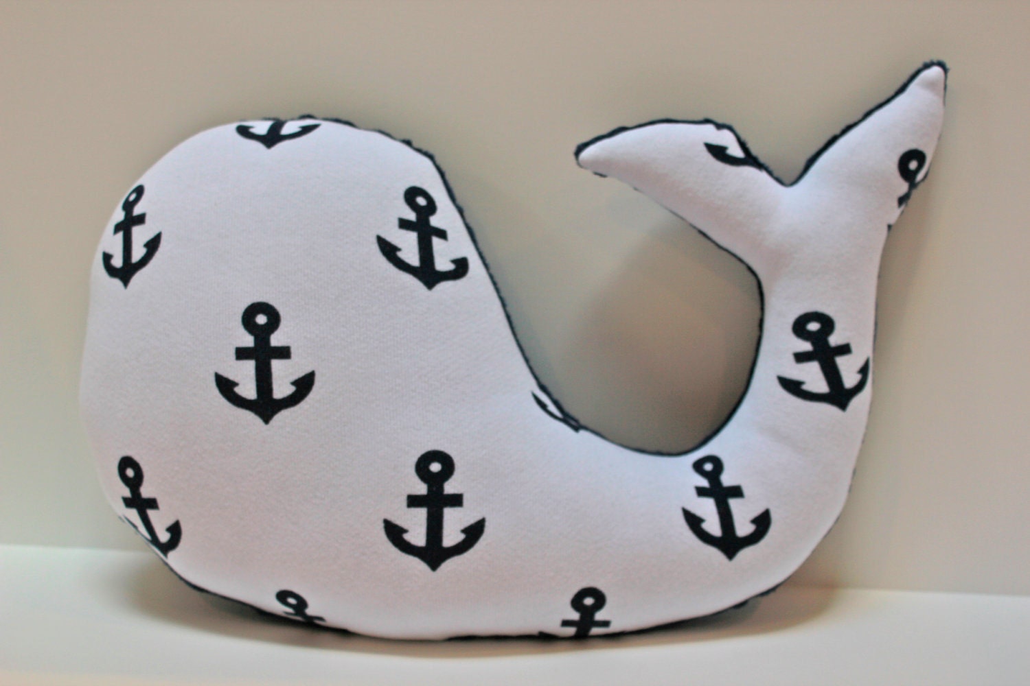Navy white WHALE pillow - nursery toy nautical plushie - minky anchor boat beach - baby shower decor