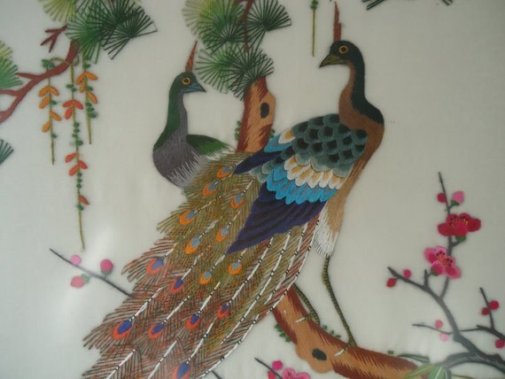 Chinese silk embroidery picture with peacocks by MapleKnollVintage