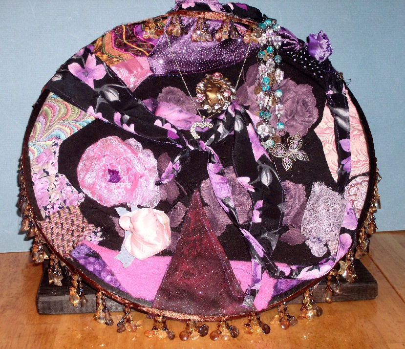 Crazy Quilt Hoop Jewelry Holder & Display on Wood Stand with 3 Brooches and 3 Bracelets, Trimmed in Vintage  Dangling Acrylic Beads.