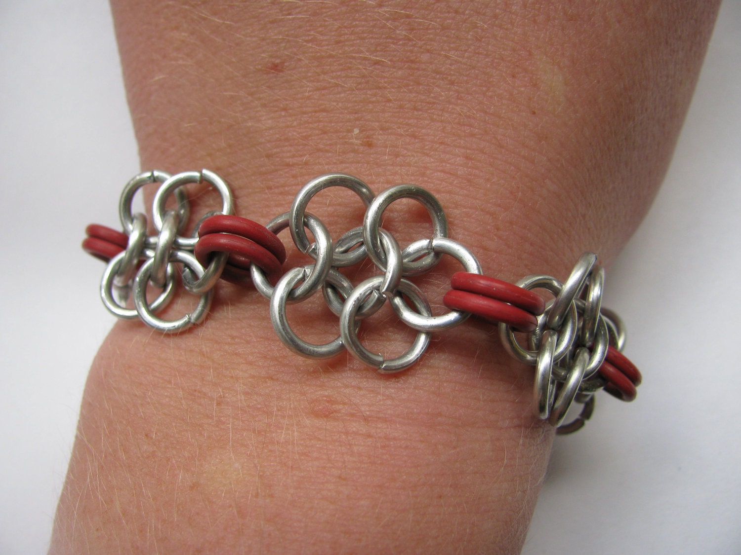 Silver and Red Floral Chain Mail Bracelet - 7"