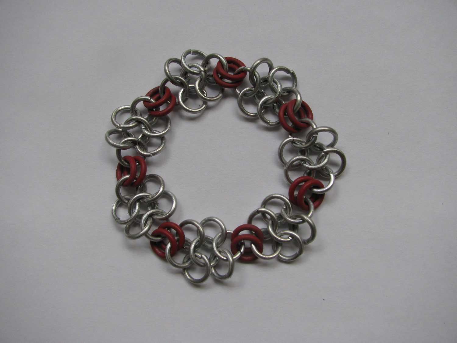 Silver and Red Floral Chain Mail Bracelet - 7"