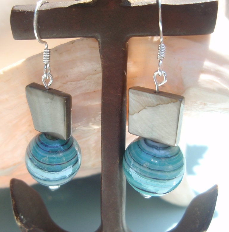 Earring Set, Two Pair, Light Seafoam, Tidal Swirls, and Taupe Mother of Pearl Sqares, Bridesmaids, Beach Wedding Jewelry